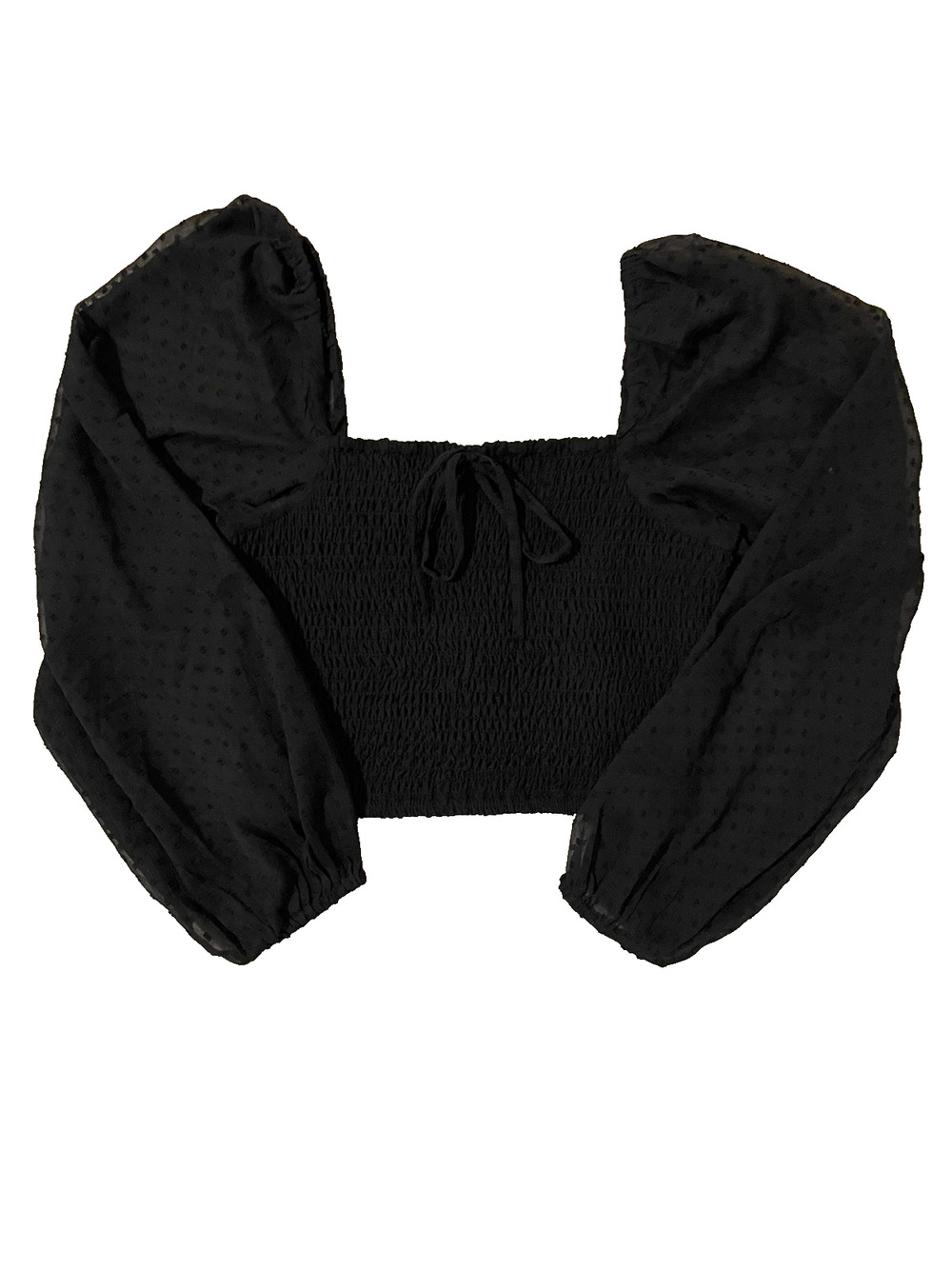 Crop Top Size S Black Bow Smocked Puff Balloon Long Sleeve Witchy Square Neck